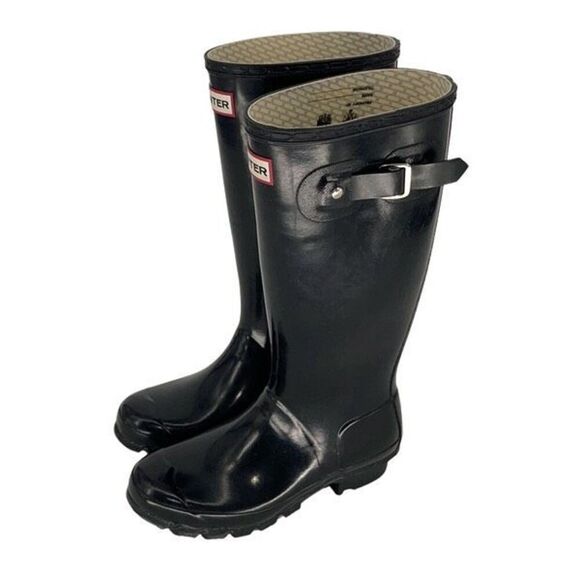 Hunter Womens Glossy Round Toe Slip On Tall‎ Rain Boots Black Size 4M/5F - Picture 1 of 8